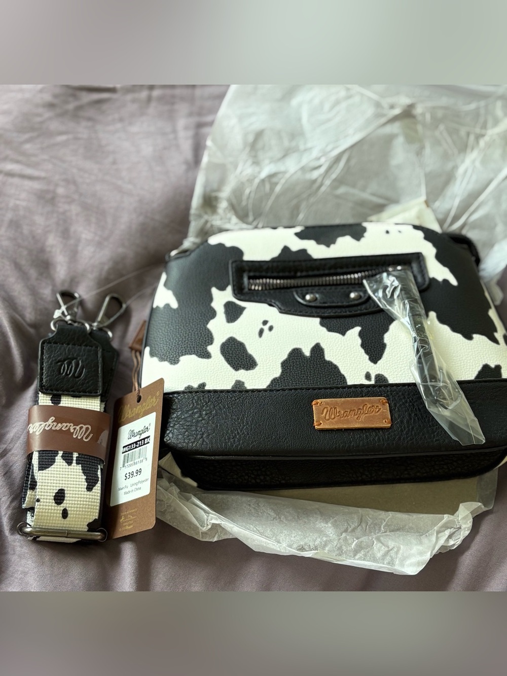 NWT Wrangler Cow Print Crossbody Bag - Black & White Montana West Western Purse